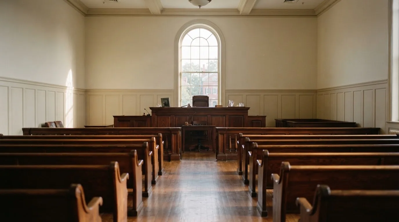 An empty courtroom with wooden benches in morning light