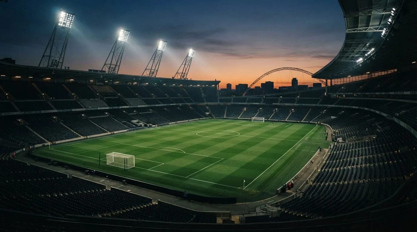 An empty football stadium with floodlight masts at dusk