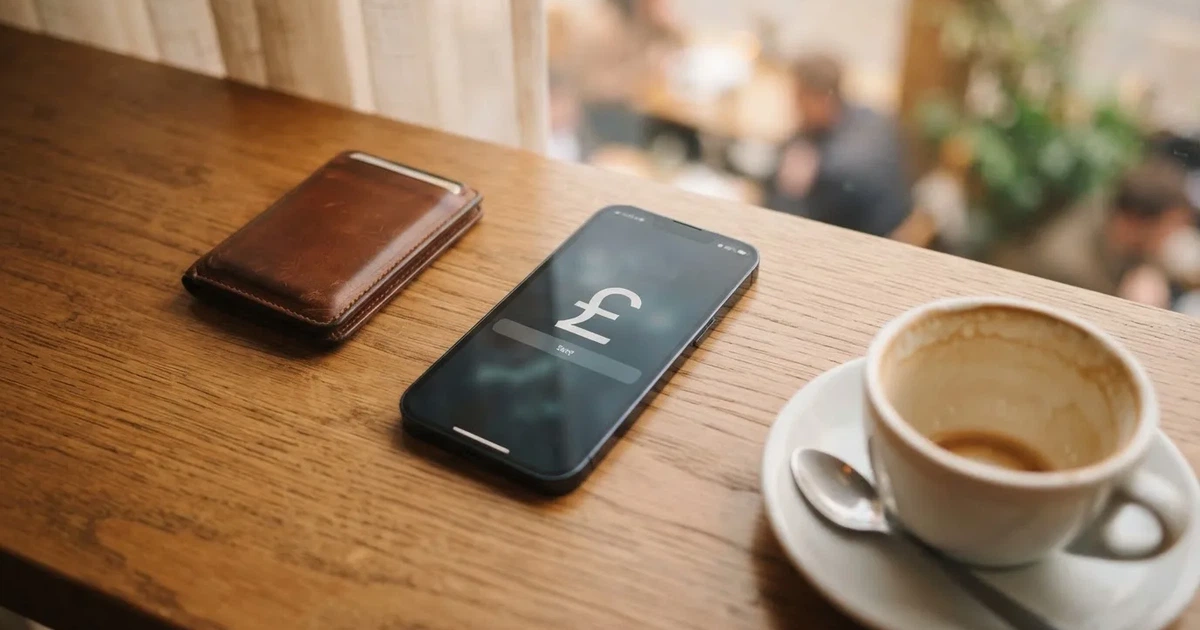 A smartphone on a wooden table beside a wallet and a coffee cup