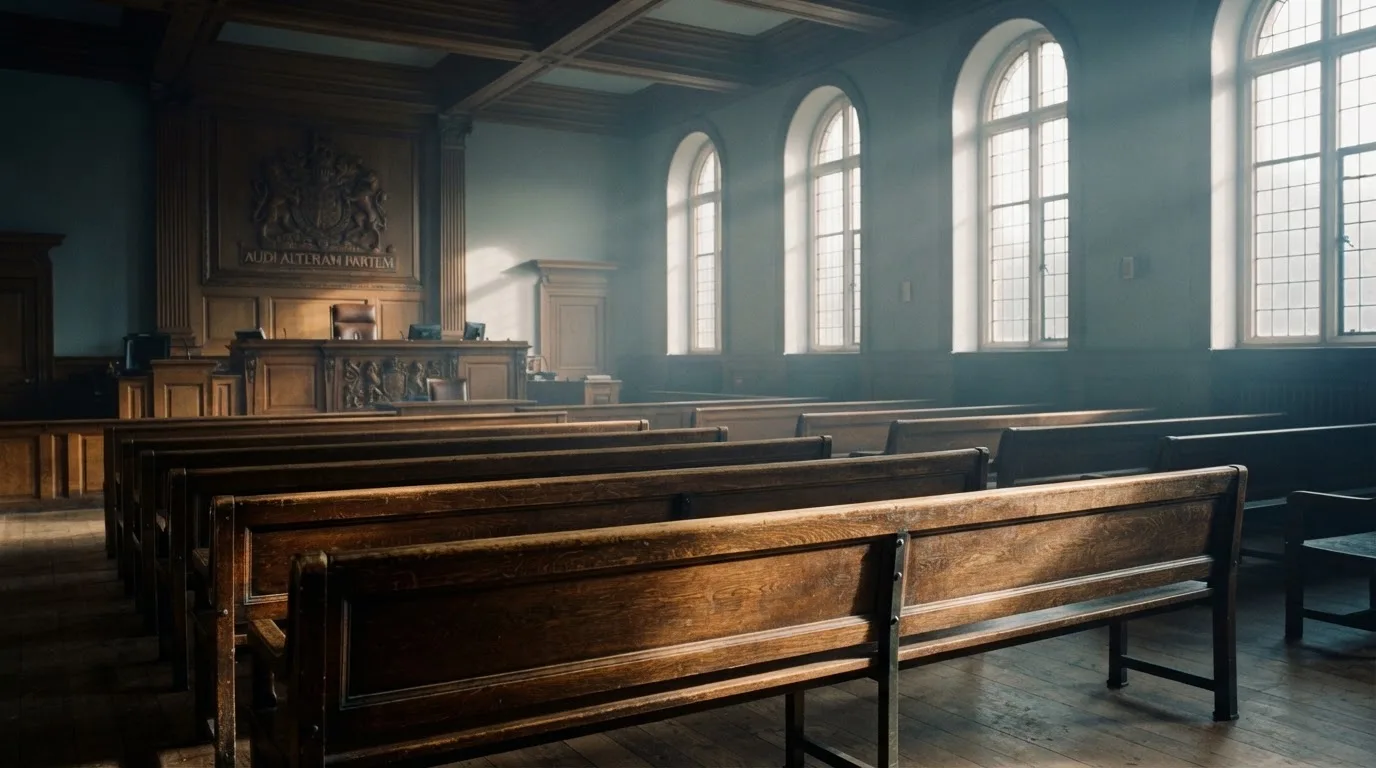 An empty courtroom with wooden benches in morning light