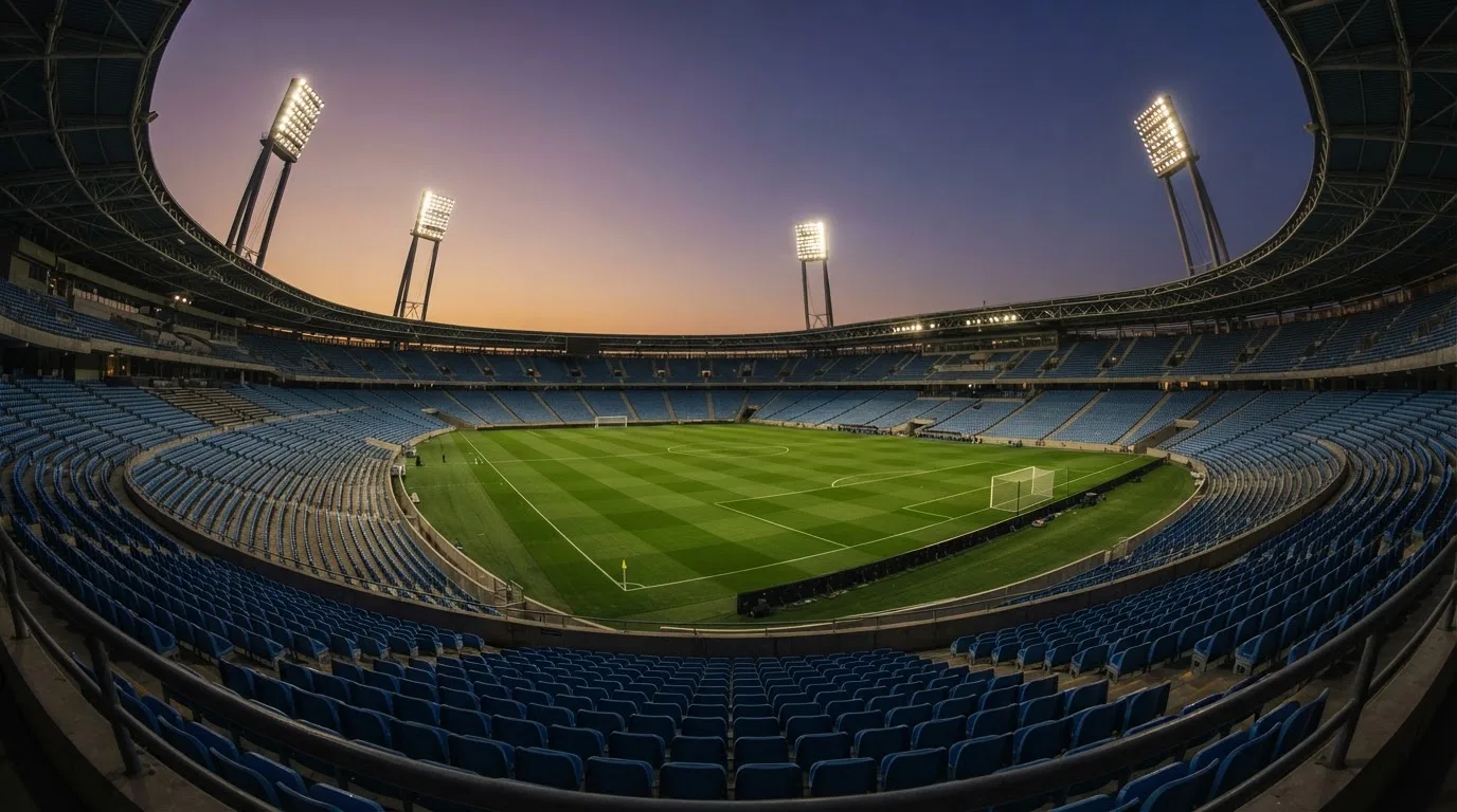An empty football stadium with floodlight masts at dusk