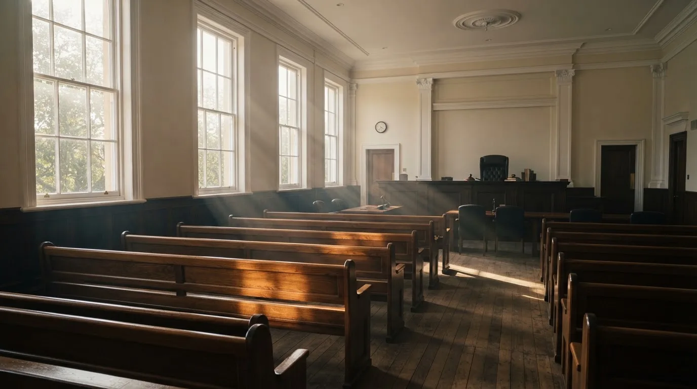An empty courtroom with wooden benches in morning light