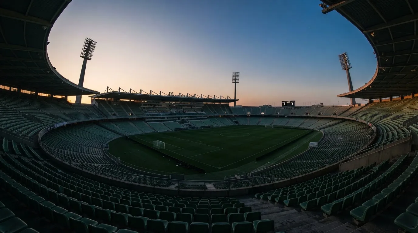 An empty football stadium with floodlight masts at dusk