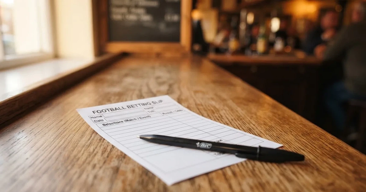 A blank paper betting slip beside a pen on a wooden counter