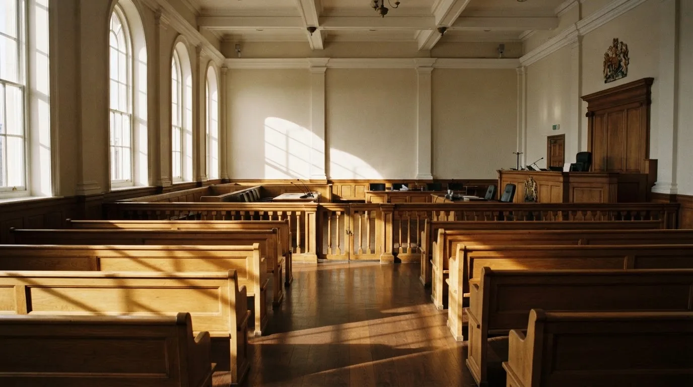 An empty courtroom with wooden benches in morning light