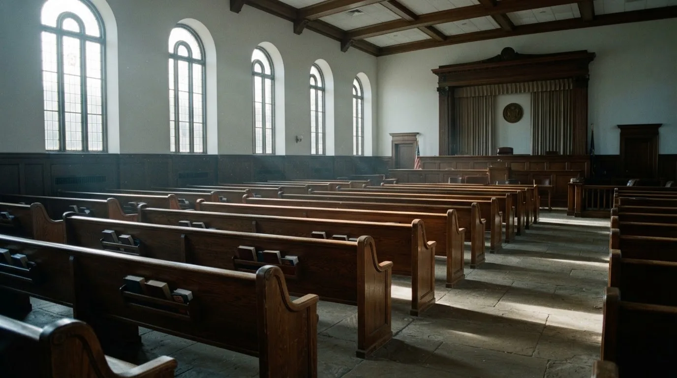 An empty courtroom with wooden benches in morning light