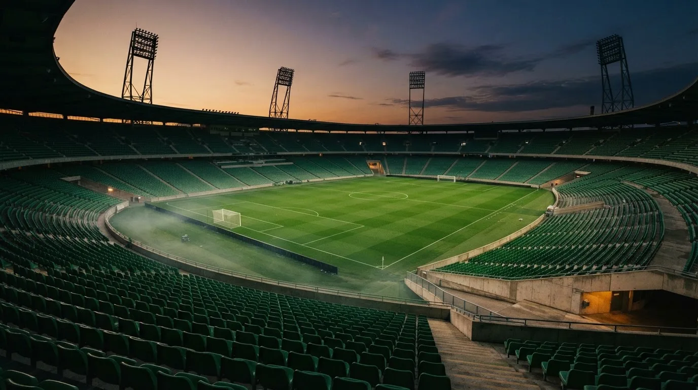 An empty football stadium with floodlight masts at dusk