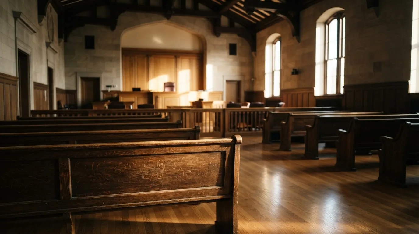 An empty courtroom with wooden benches in morning light