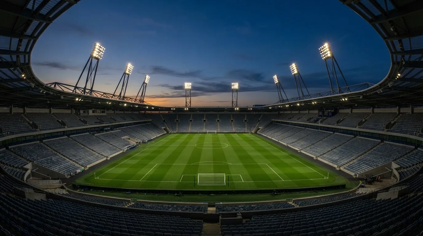 An empty football stadium with floodlight masts at dusk