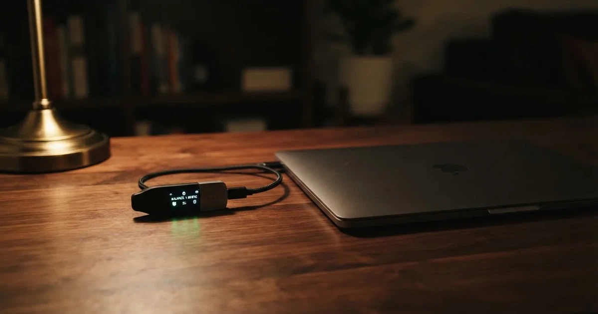 A hardware wallet and a closed laptop on a desk in dim light