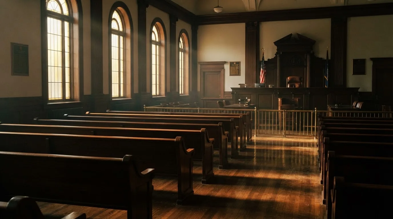 An empty courtroom with wooden benches in morning light