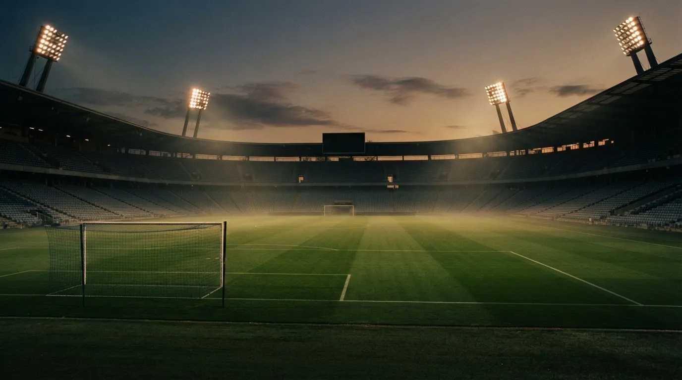 An empty football stadium with floodlight masts at dusk
