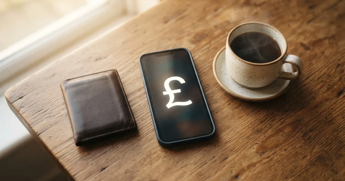 A smartphone on a wooden table beside a wallet and a coffee cup