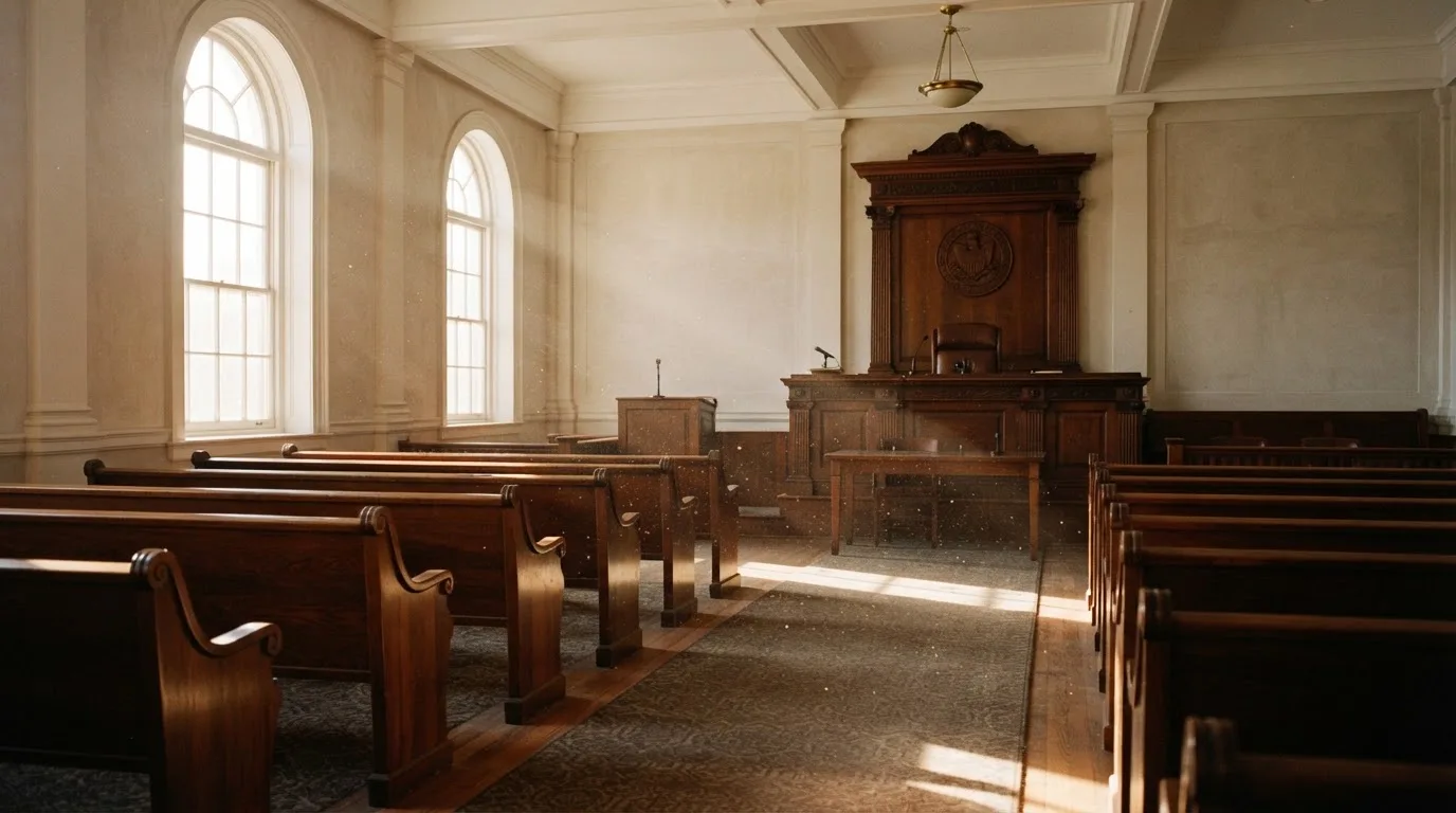 An empty courtroom with wooden benches in morning light