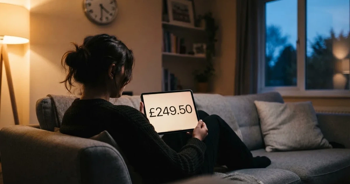 A person on a sofa looking thoughtfully at a tablet, a wall clock in the background
