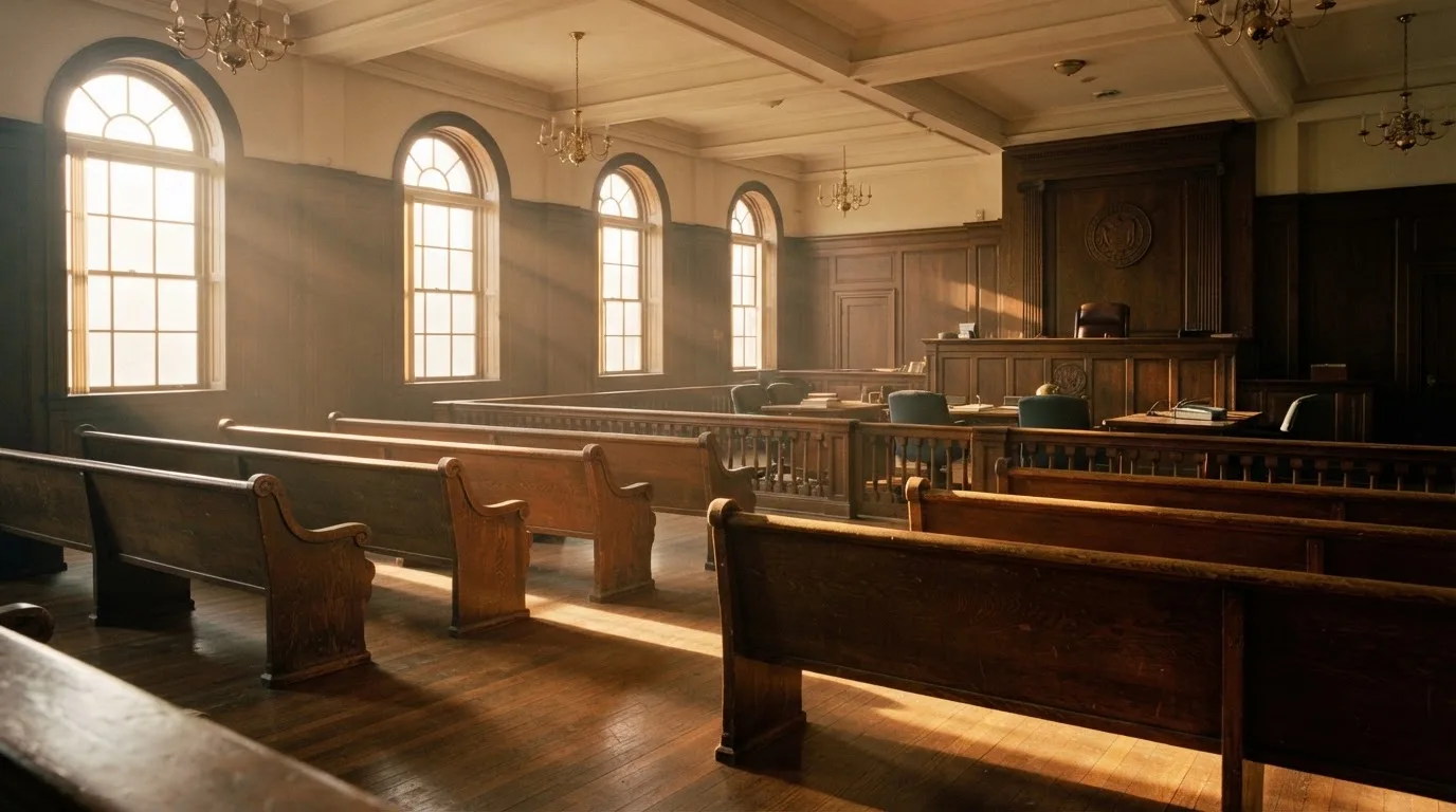 An empty courtroom with wooden benches in morning light