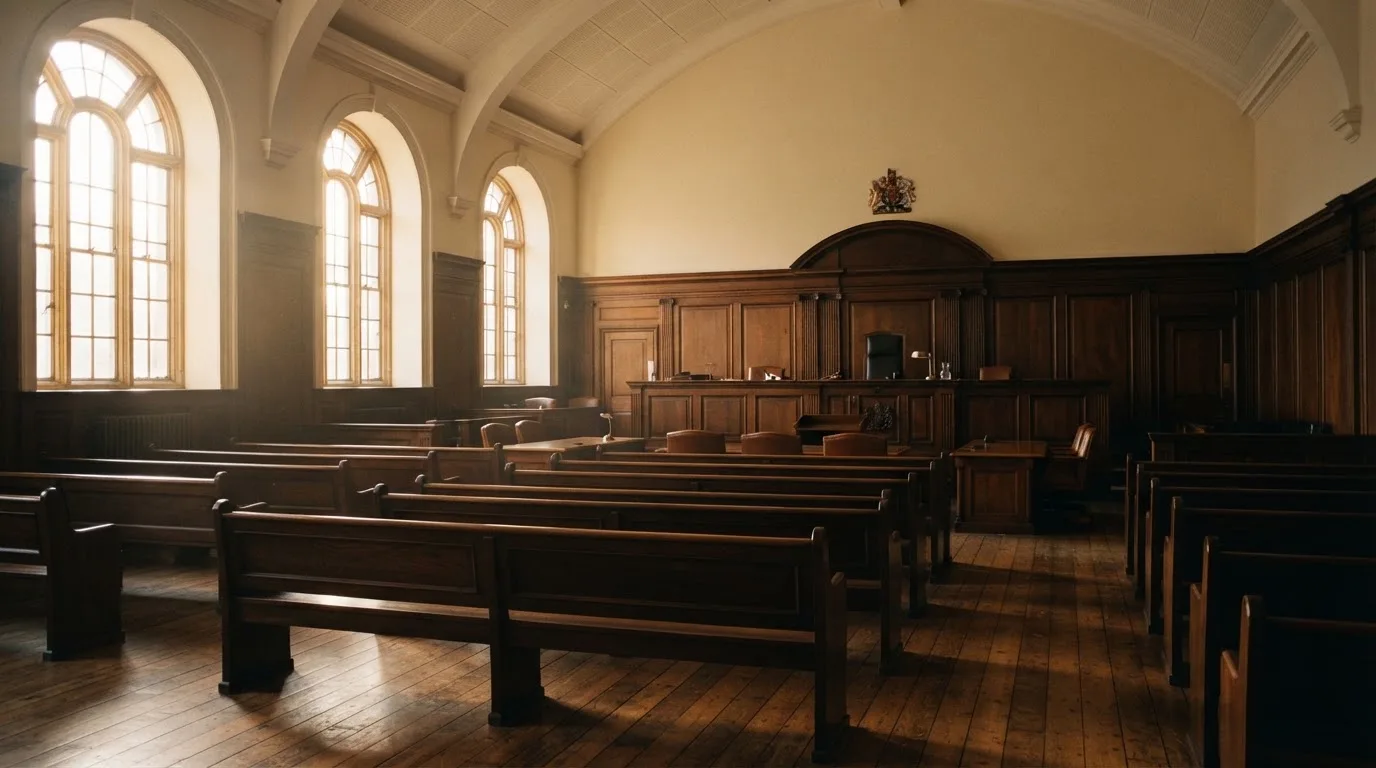 An empty courtroom with wooden benches in morning light