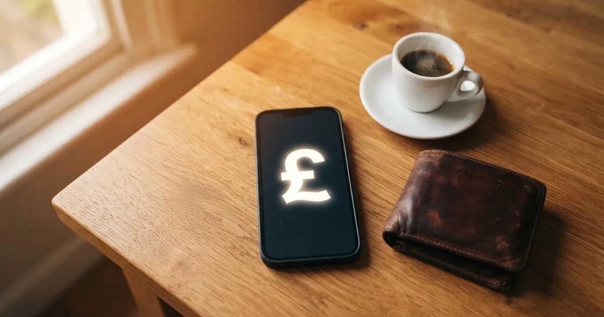A smartphone on a wooden table beside a wallet and a coffee cup