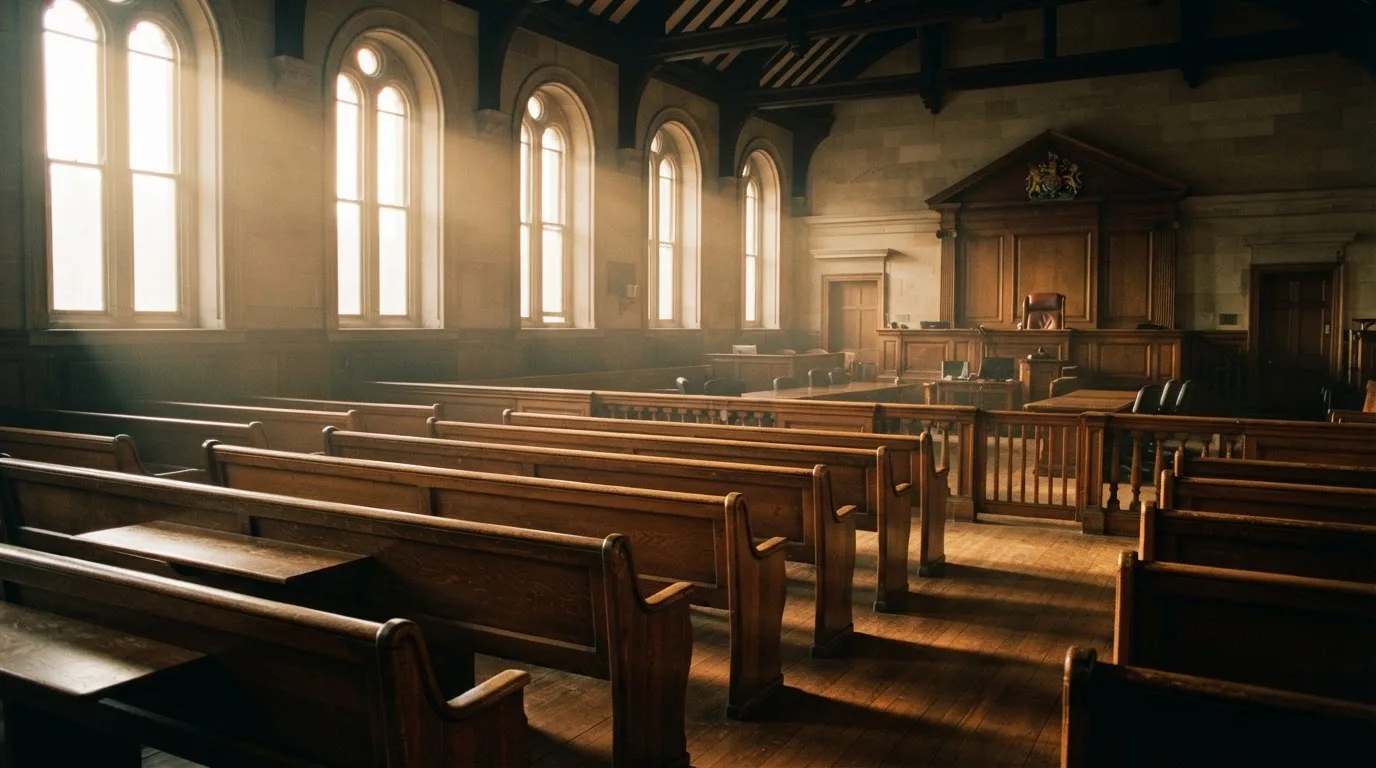 An empty courtroom with wooden benches in morning light