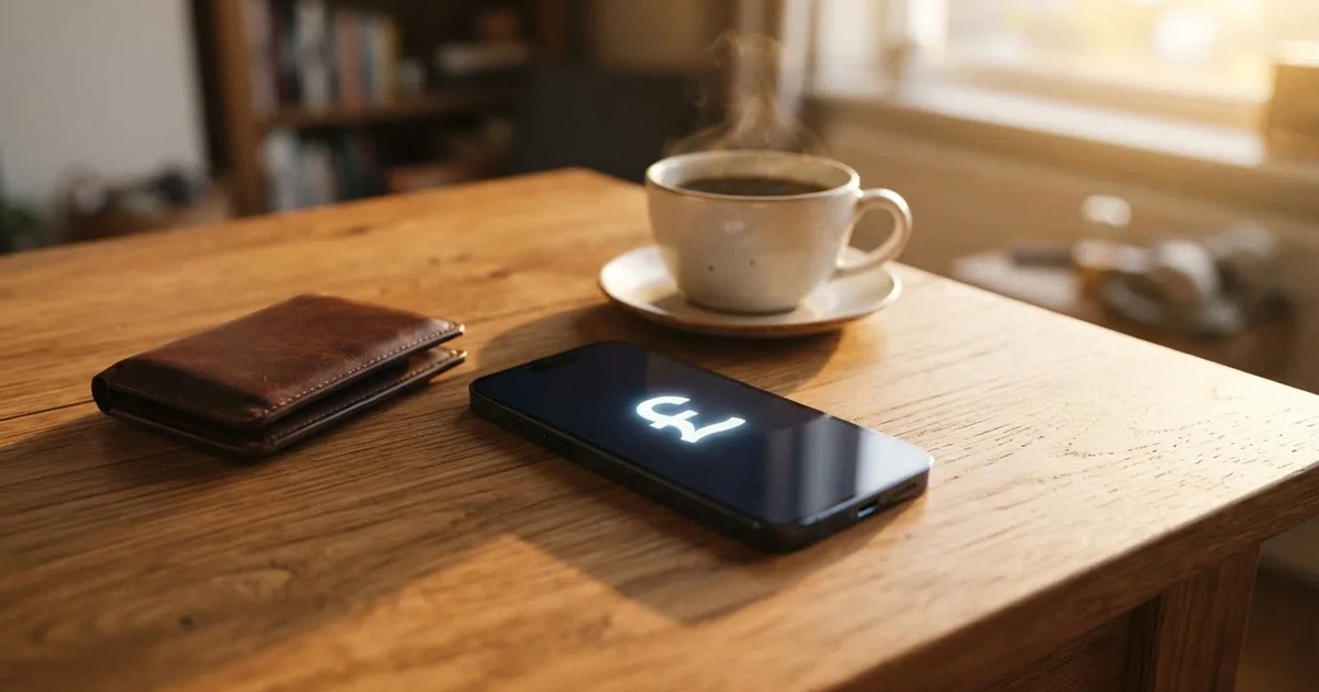 A smartphone on a wooden table beside a wallet and a coffee cup