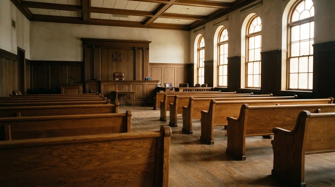 An empty courtroom with wooden benches in morning light