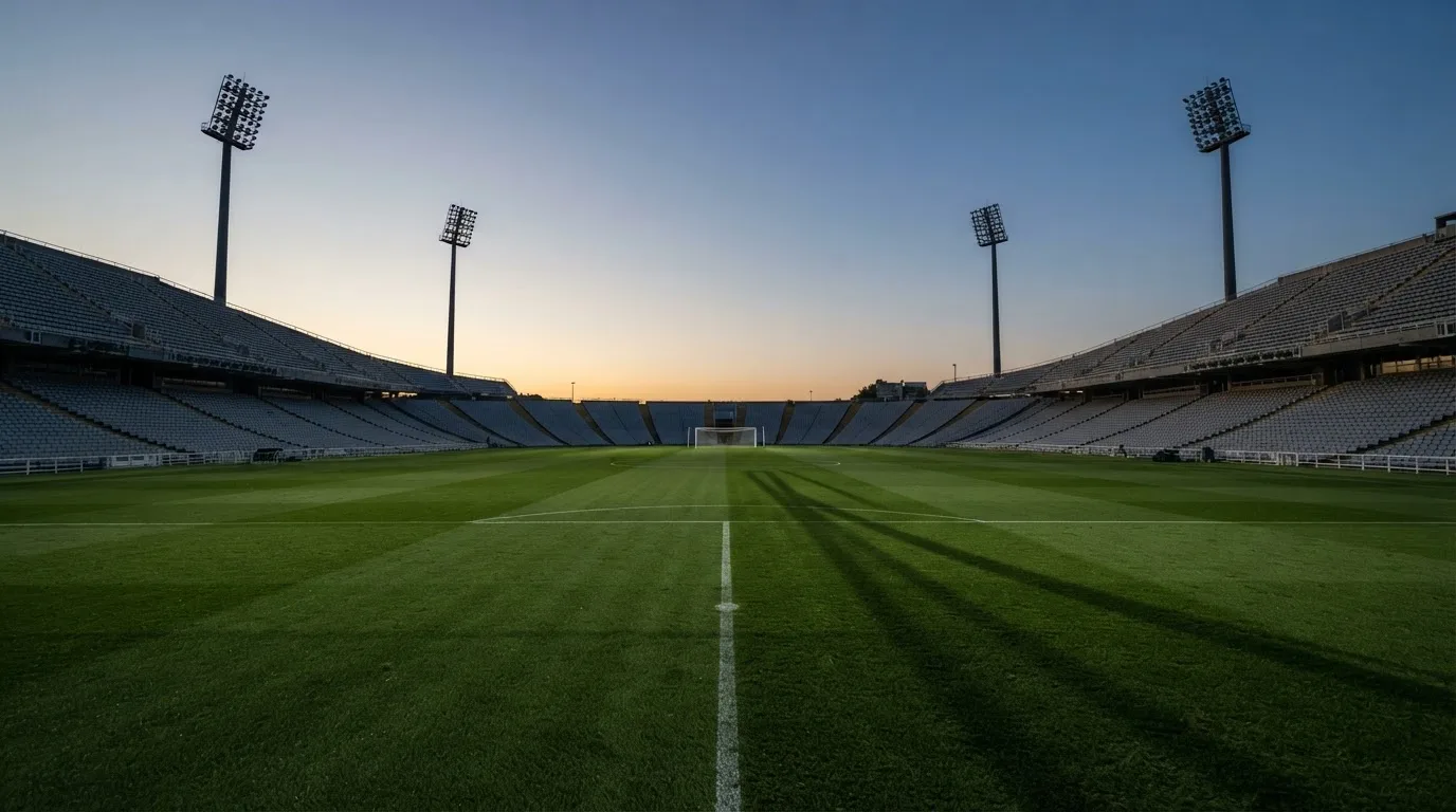 An empty football stadium with floodlight masts at dusk