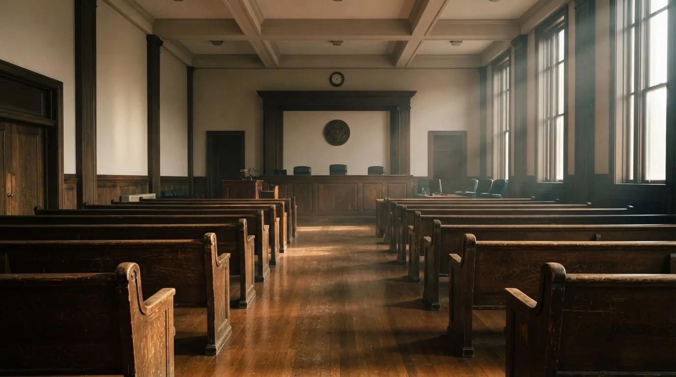 An empty courtroom with wooden benches in morning light