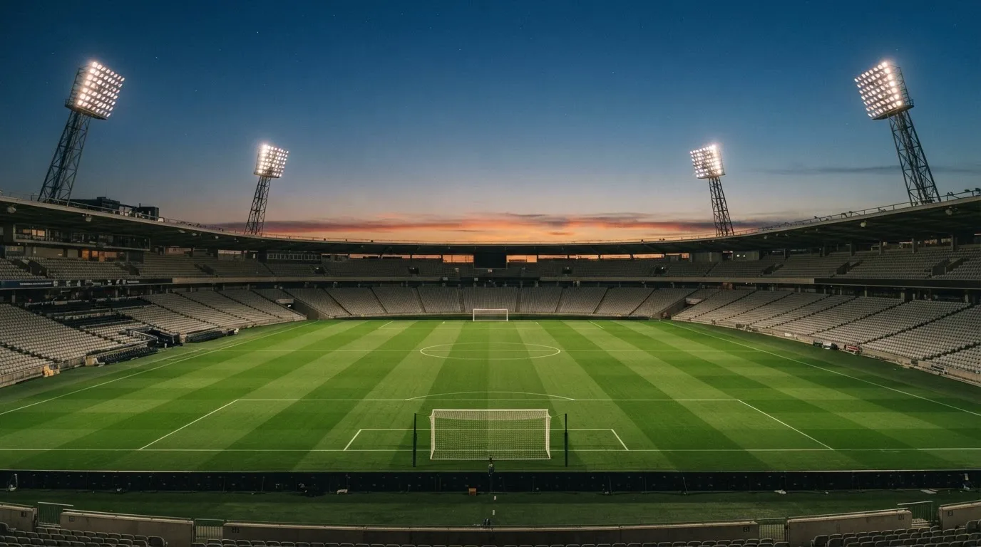 An empty football stadium with floodlight masts at dusk