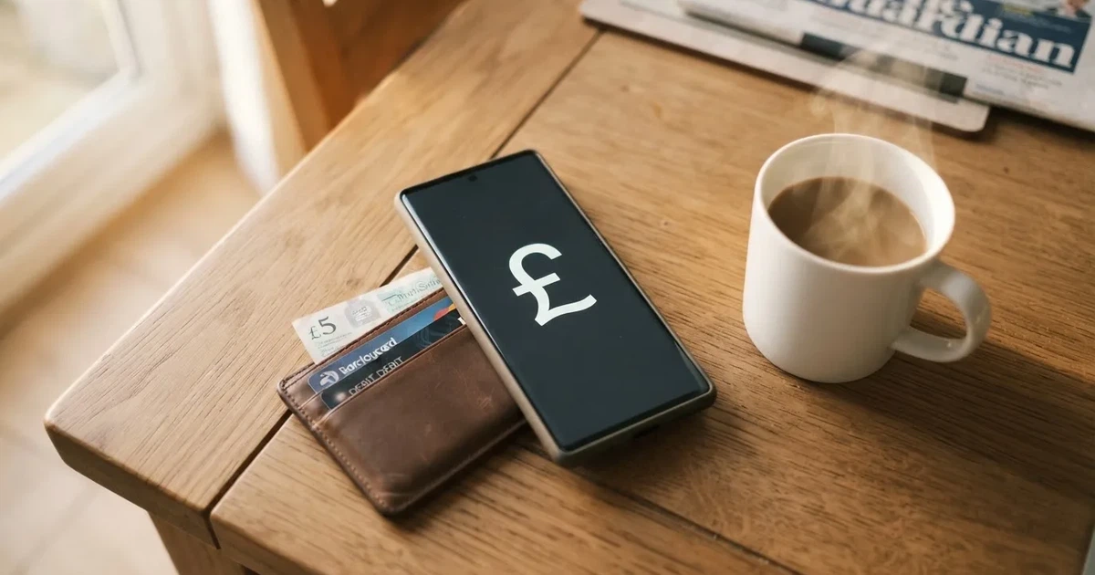 A smartphone on a wooden table beside a wallet and a coffee cup