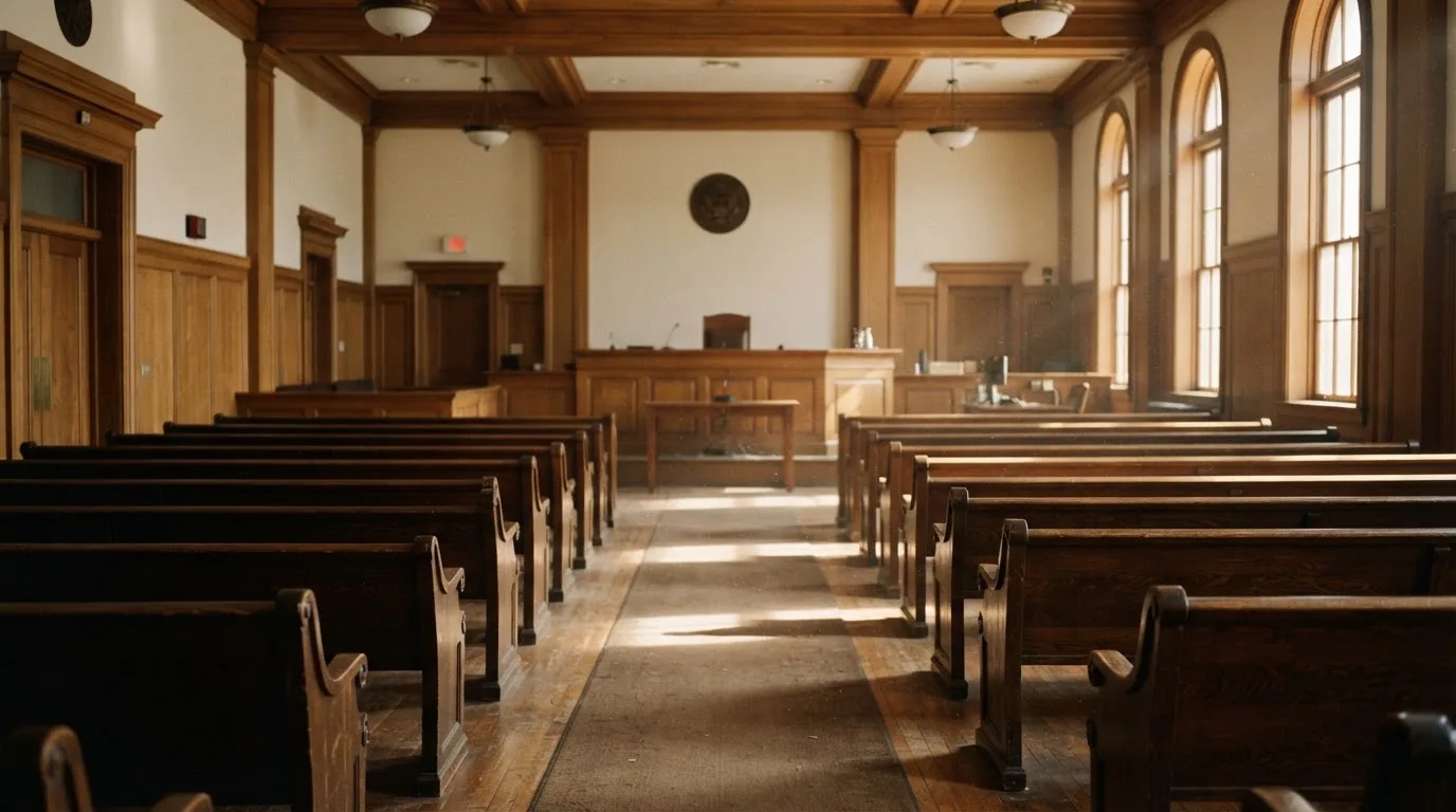 An empty courtroom with wooden benches in morning light