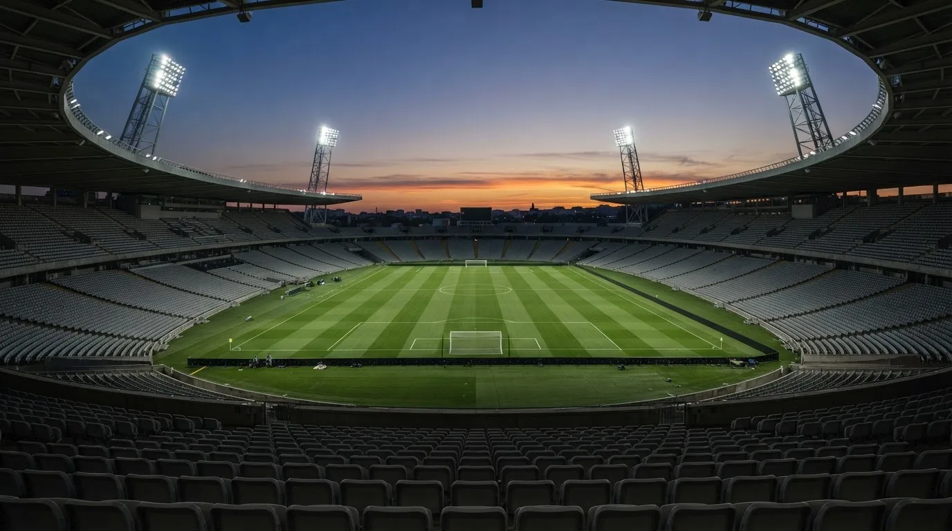 An empty football stadium with floodlight masts at dusk