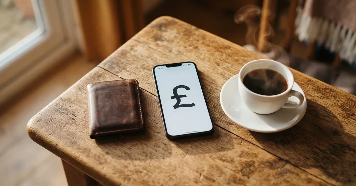 A smartphone on a wooden table beside a wallet and a coffee cup