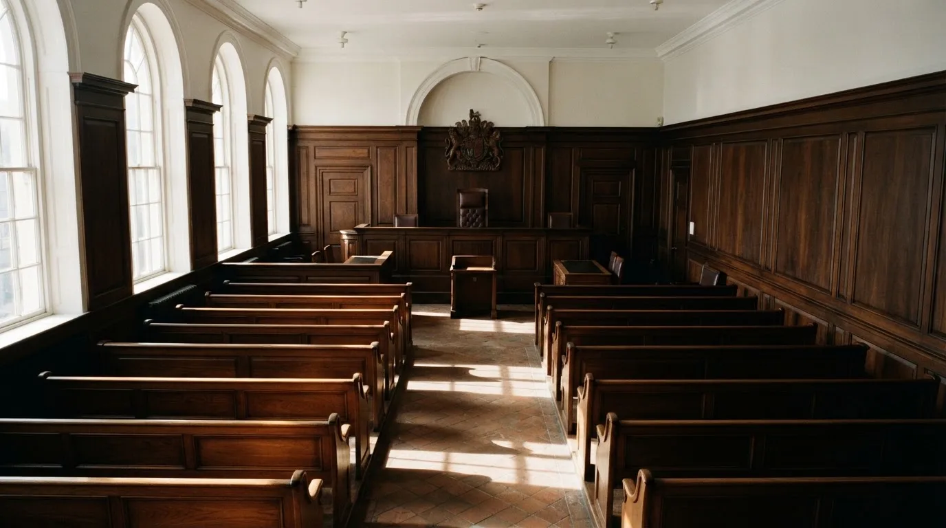 An empty courtroom with wooden benches in morning light