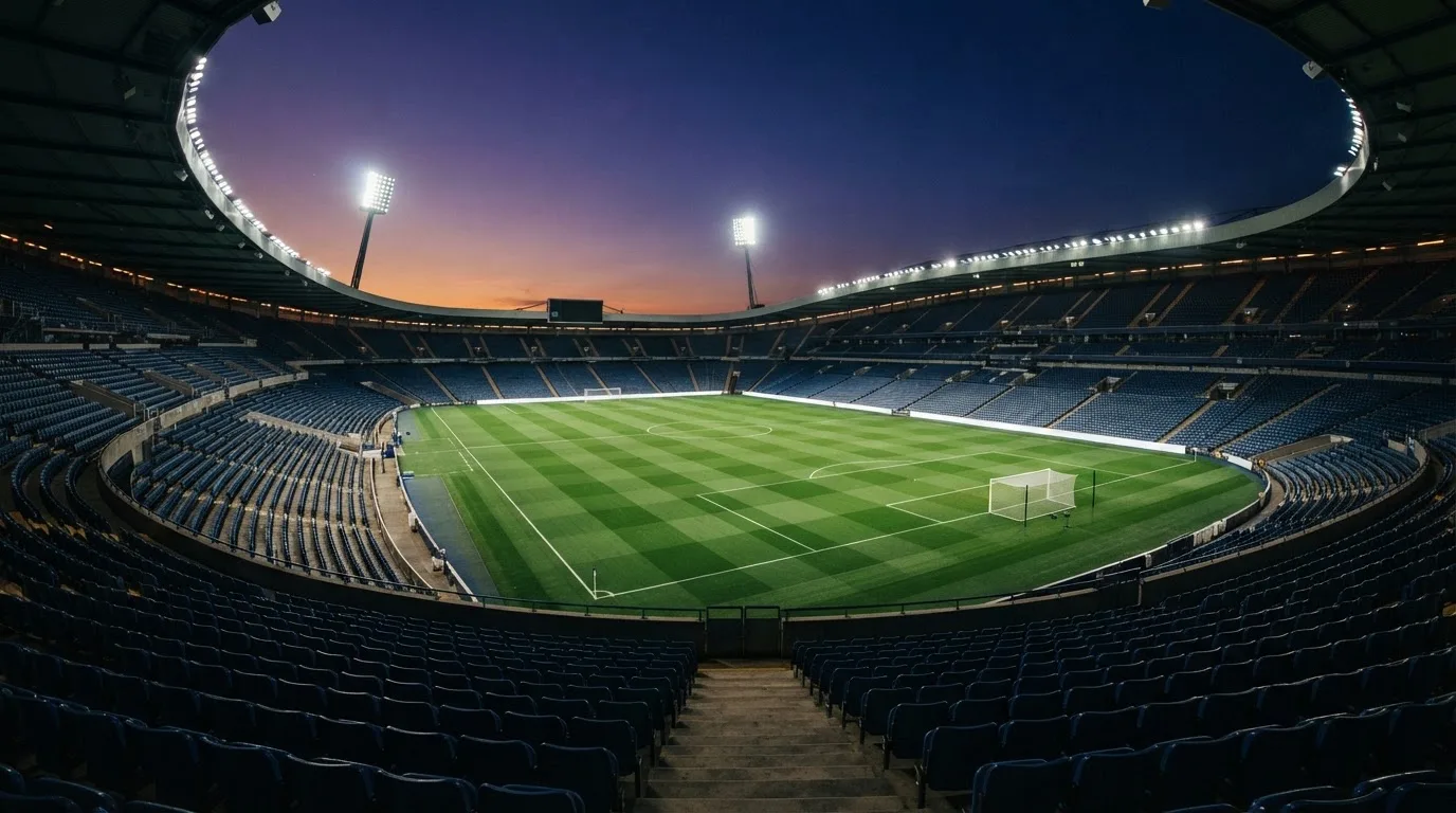 An empty football stadium with floodlight masts at dusk