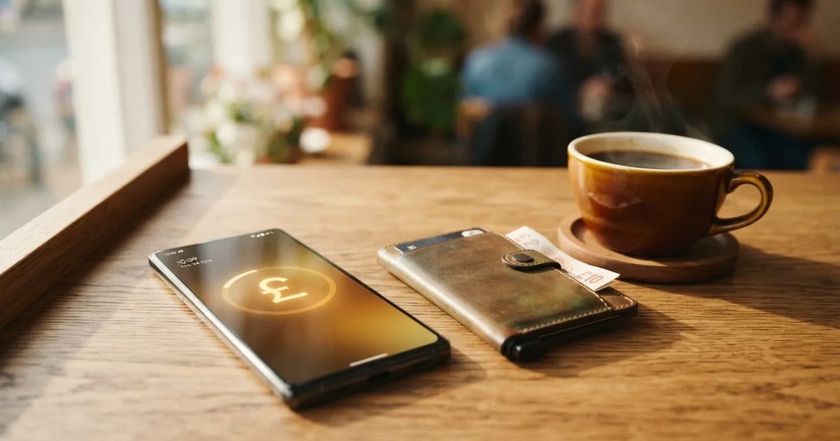 A smartphone on a wooden table beside a wallet and a coffee cup