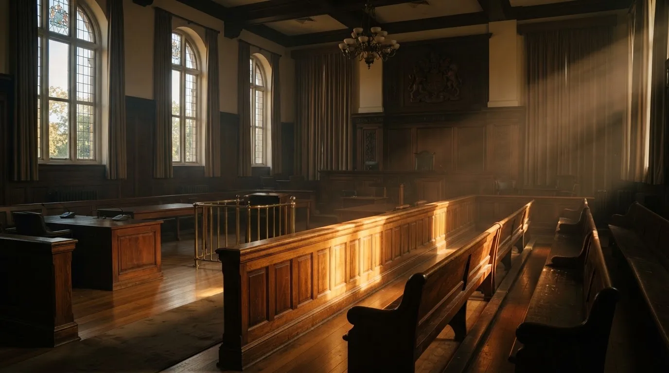 An empty courtroom with wooden benches in morning light
