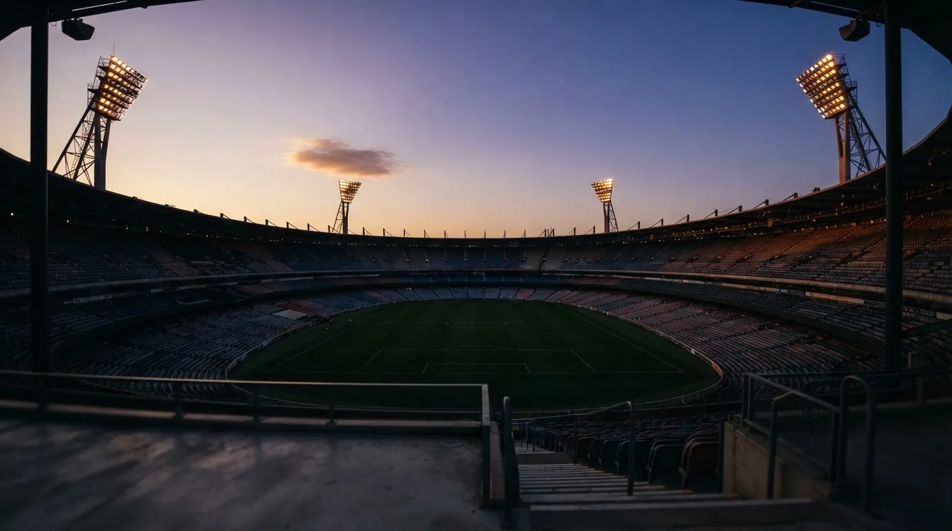 An empty football stadium with floodlight masts at dusk