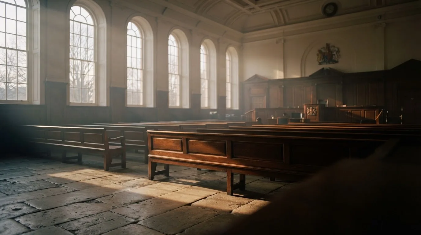 An empty courtroom with wooden benches in morning light
