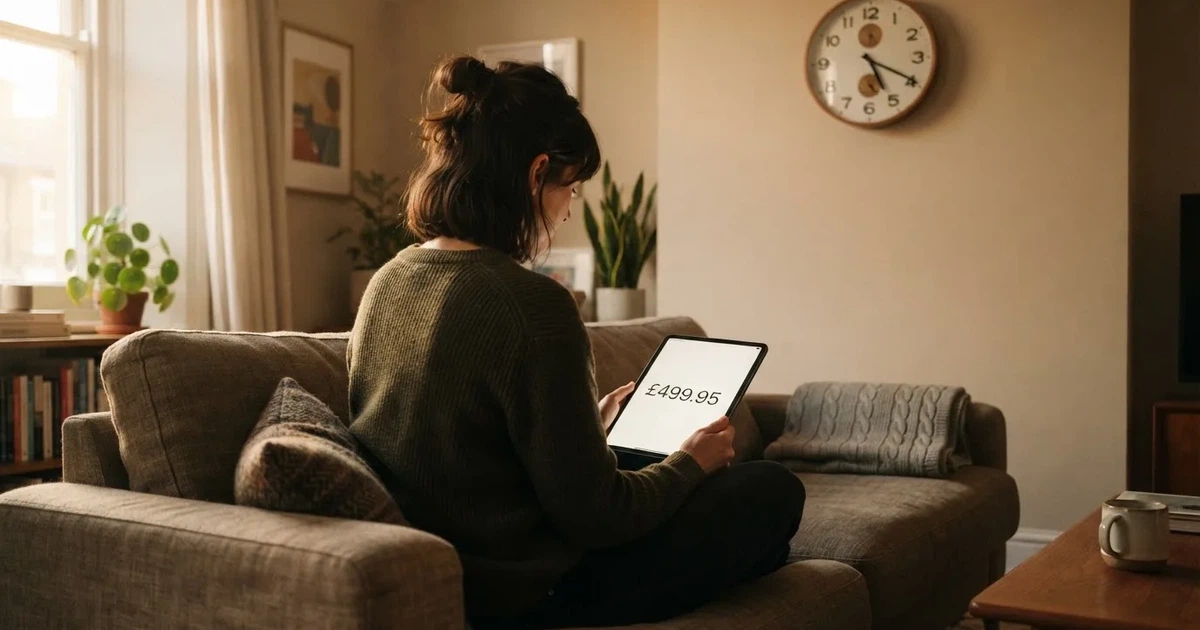 A person on a sofa looking thoughtfully at a tablet, a wall clock in the background