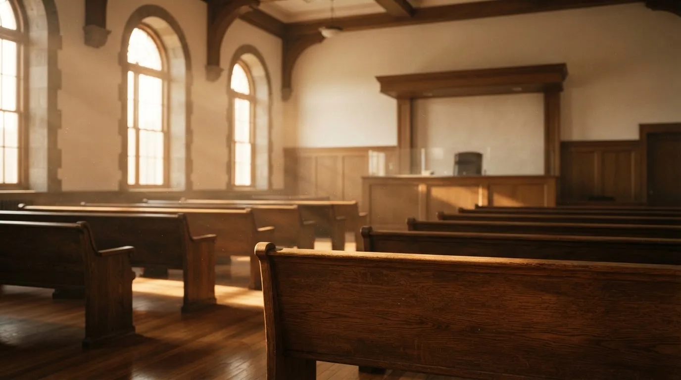 An empty courtroom with wooden benches in morning light