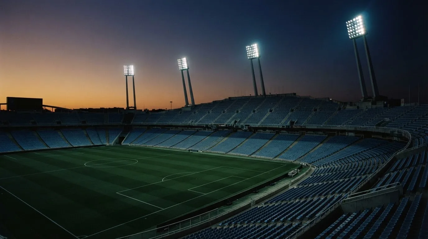 An empty football stadium with floodlight masts at dusk