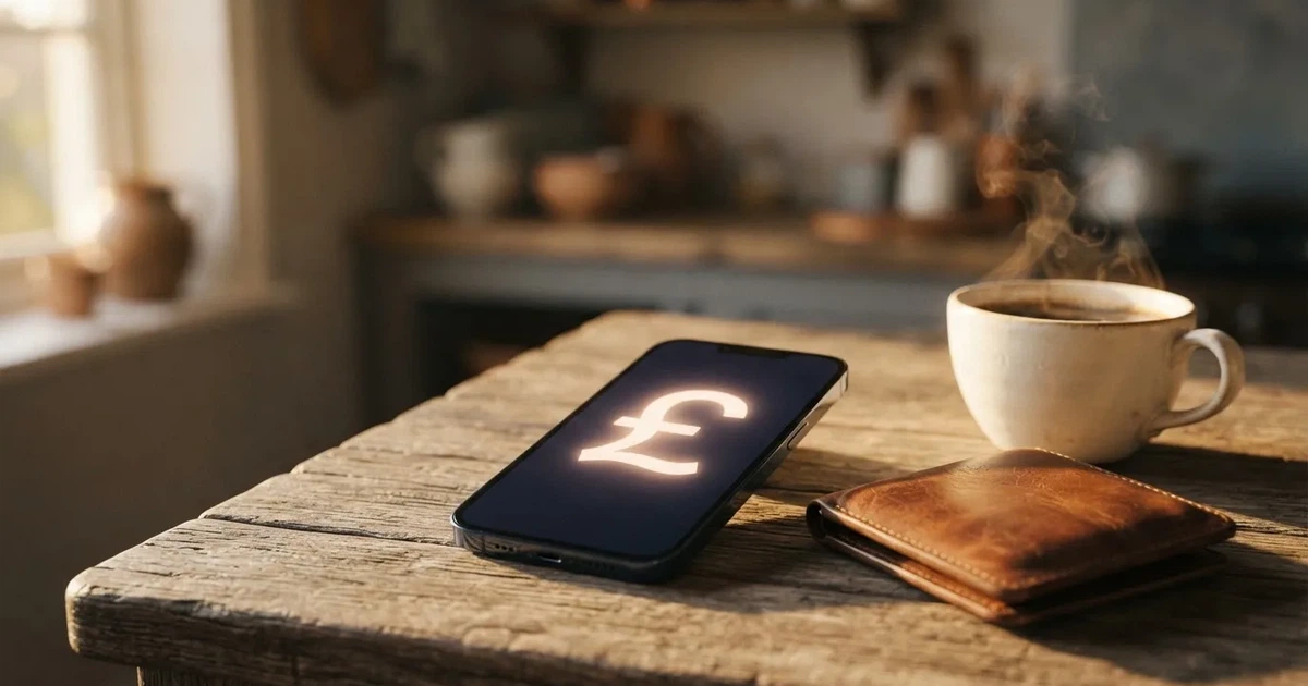 A smartphone on a wooden table beside a wallet and a coffee cup