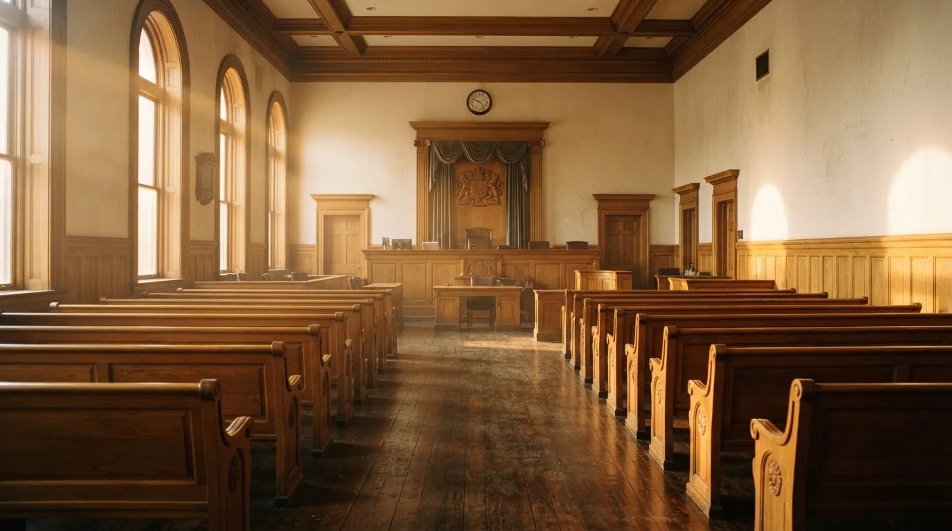 An empty courtroom with wooden benches in morning light