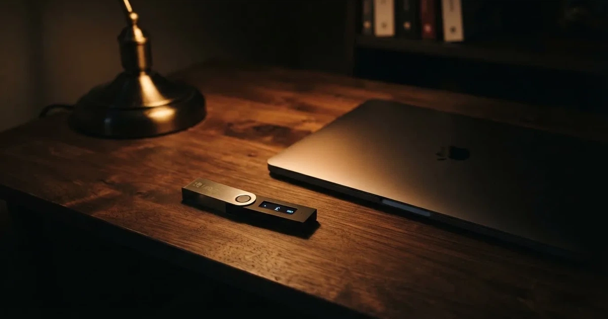 A hardware wallet and a closed laptop on a desk in dim light