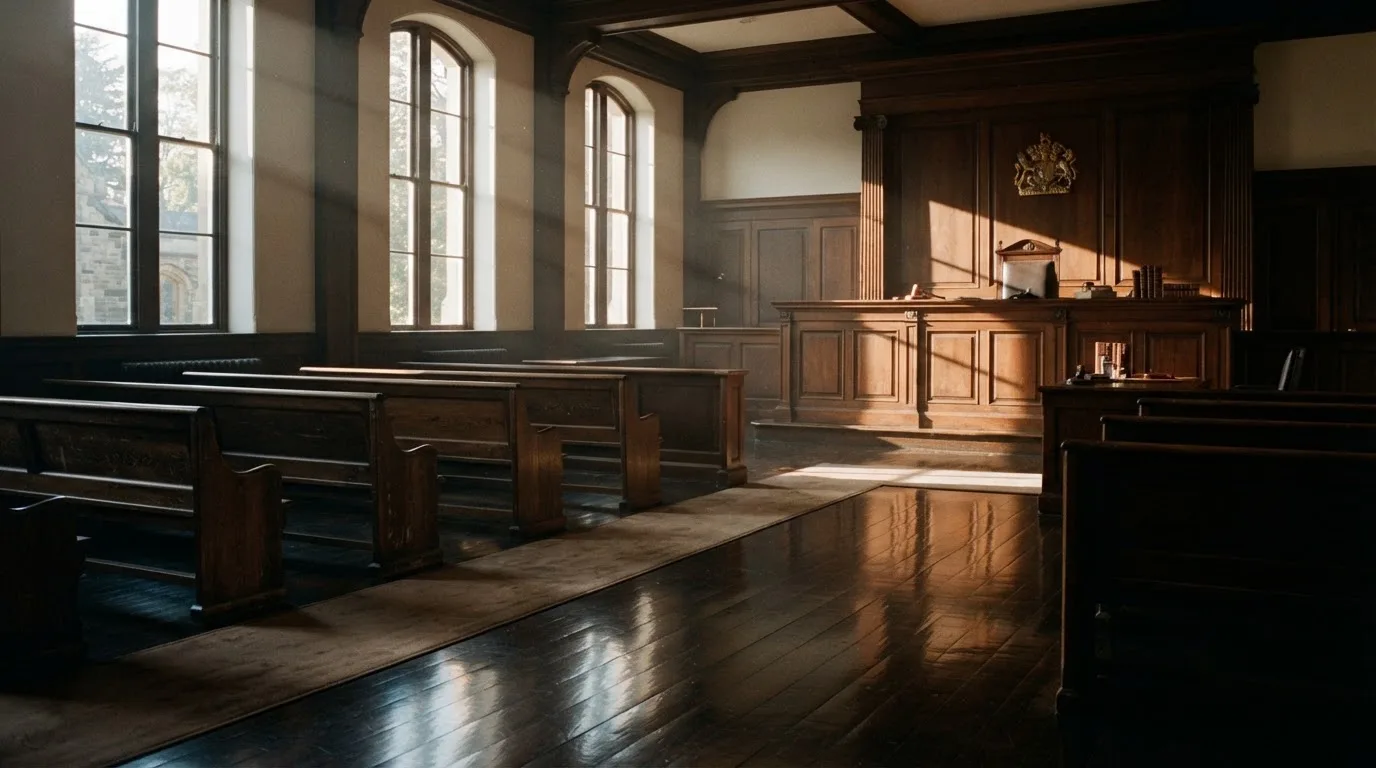 An empty courtroom with wooden benches in morning light