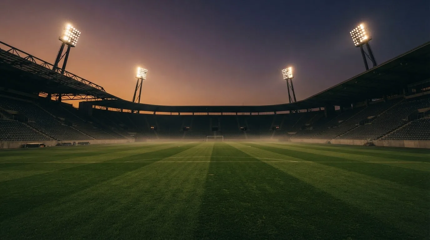 An empty football stadium with floodlight masts at dusk