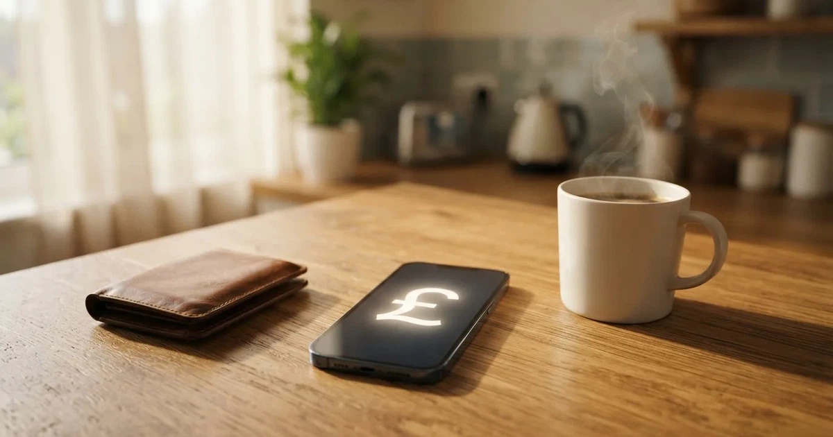 A smartphone on a wooden table beside a wallet and a coffee cup