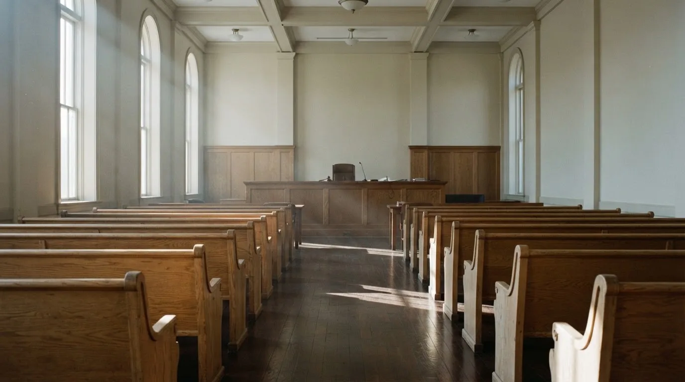 An empty courtroom with wooden benches in morning light
