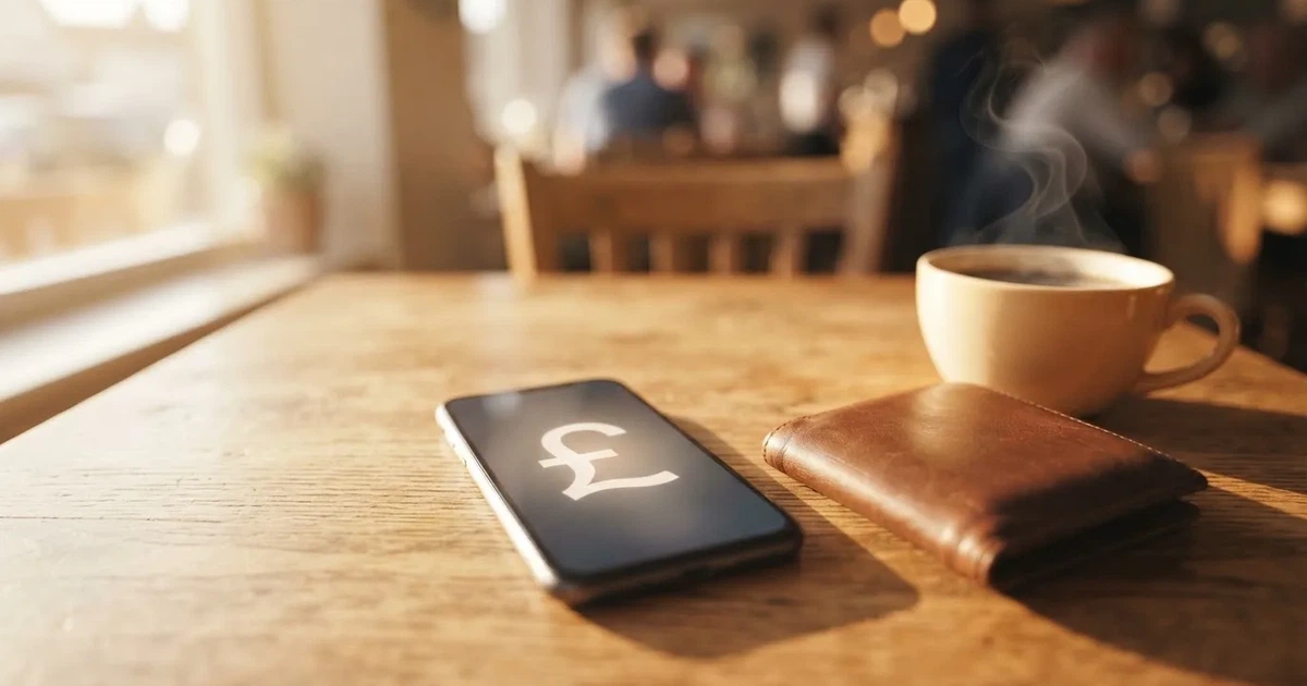 A smartphone on a wooden table beside a wallet and a coffee cup