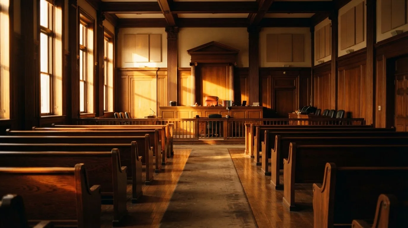 An empty courtroom with wooden benches in morning light